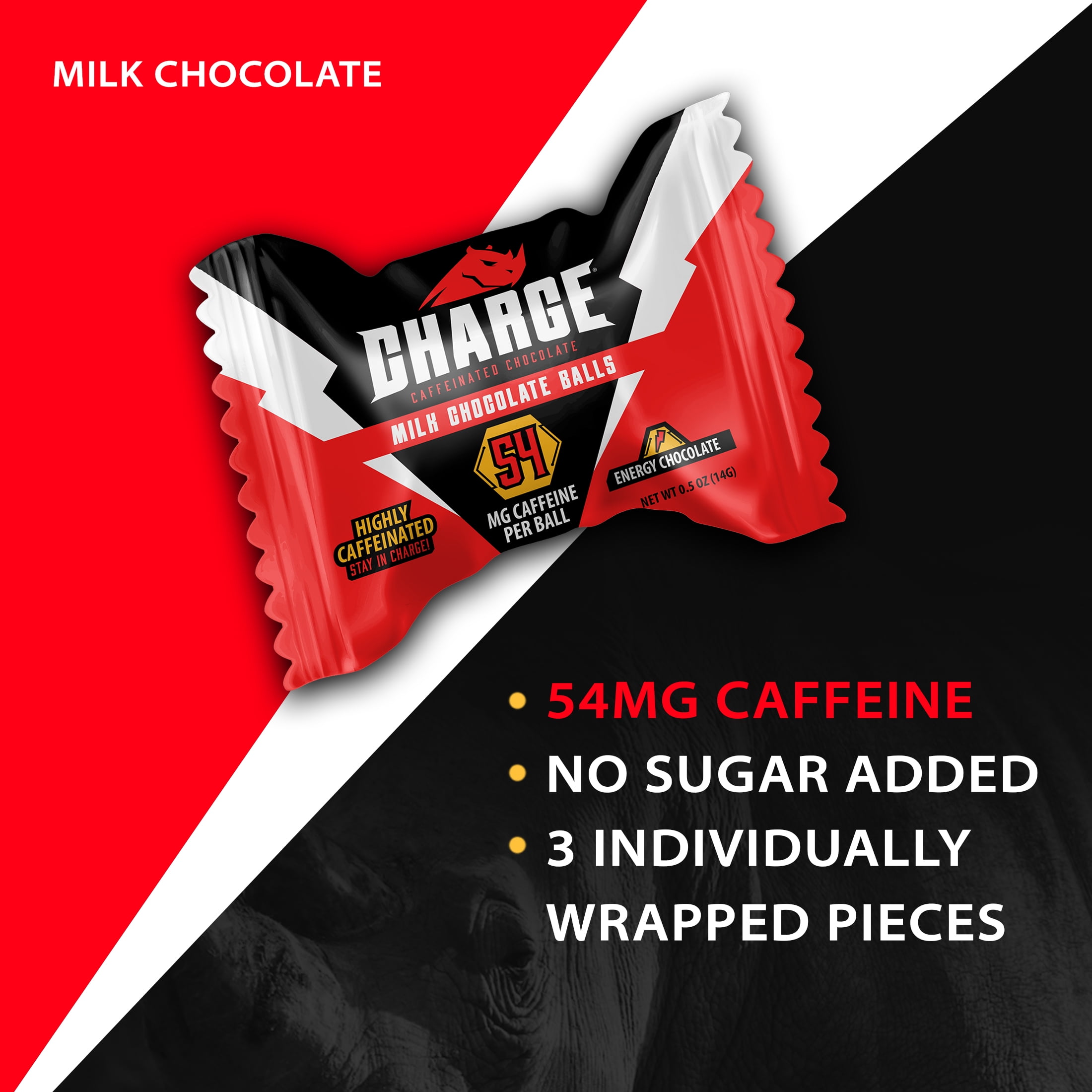 3 Count, Charge Chocolate Milk Chocolate, Highly Caffeinated, Individually Wrapped Ball, 54mg of caffeine, 1.5 oz