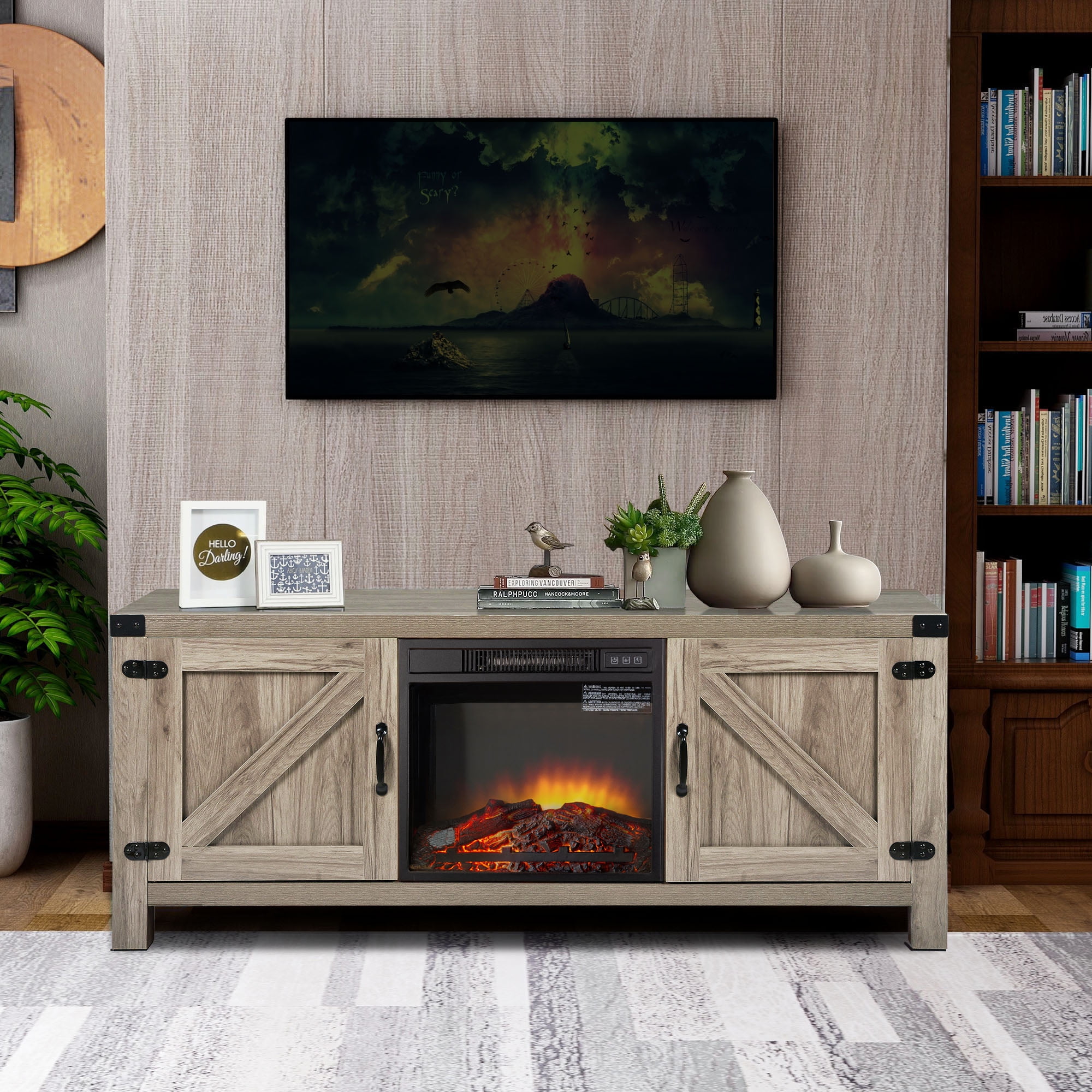 58 Inches Media Console Table w// Fireplace Tangkula Fireplace TV Stand for TVs up to 65 Inches 1500W Electric Fireplace Stove TV Storage Cabinet w//Remote Control Adjustable Brightness /& Heat