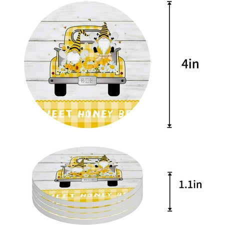 

ZHANZZK Summer Yellow Plaid Truck and Gnome Wooden Grain Set of 4 Round Coaster for Drinks Absorbent Ceramic Stone Coasters Cup Mat with Cork Base for Home Kitchen Room Coffee Table Bar Decor