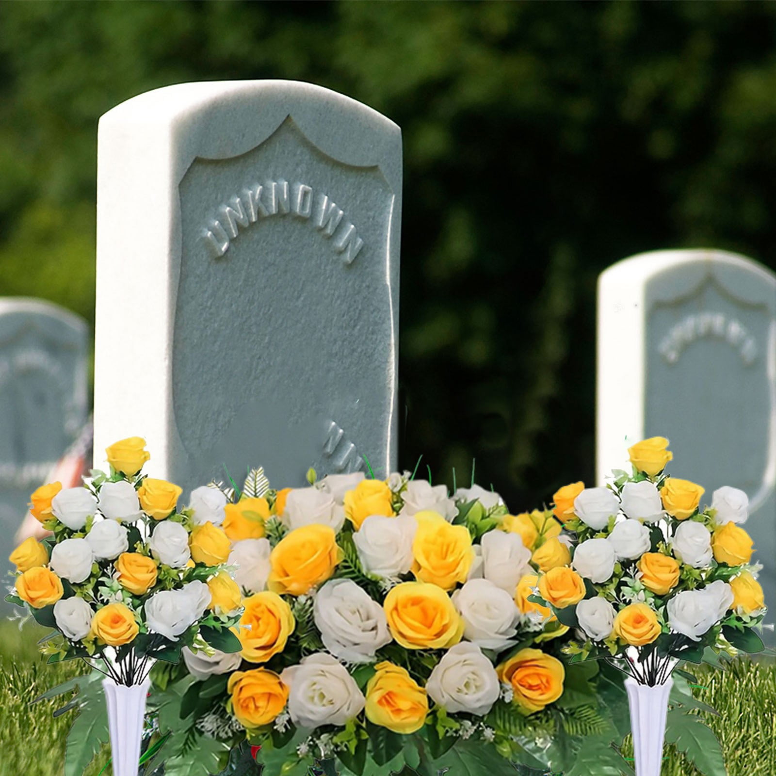 Artificial Cemetery Flower Bouquet with Saddle Weather-Resistant Realistic Silk Rose Memorial Arrangement Lasting Grave Decor for Headstones, Memorials & Cemetery Visits