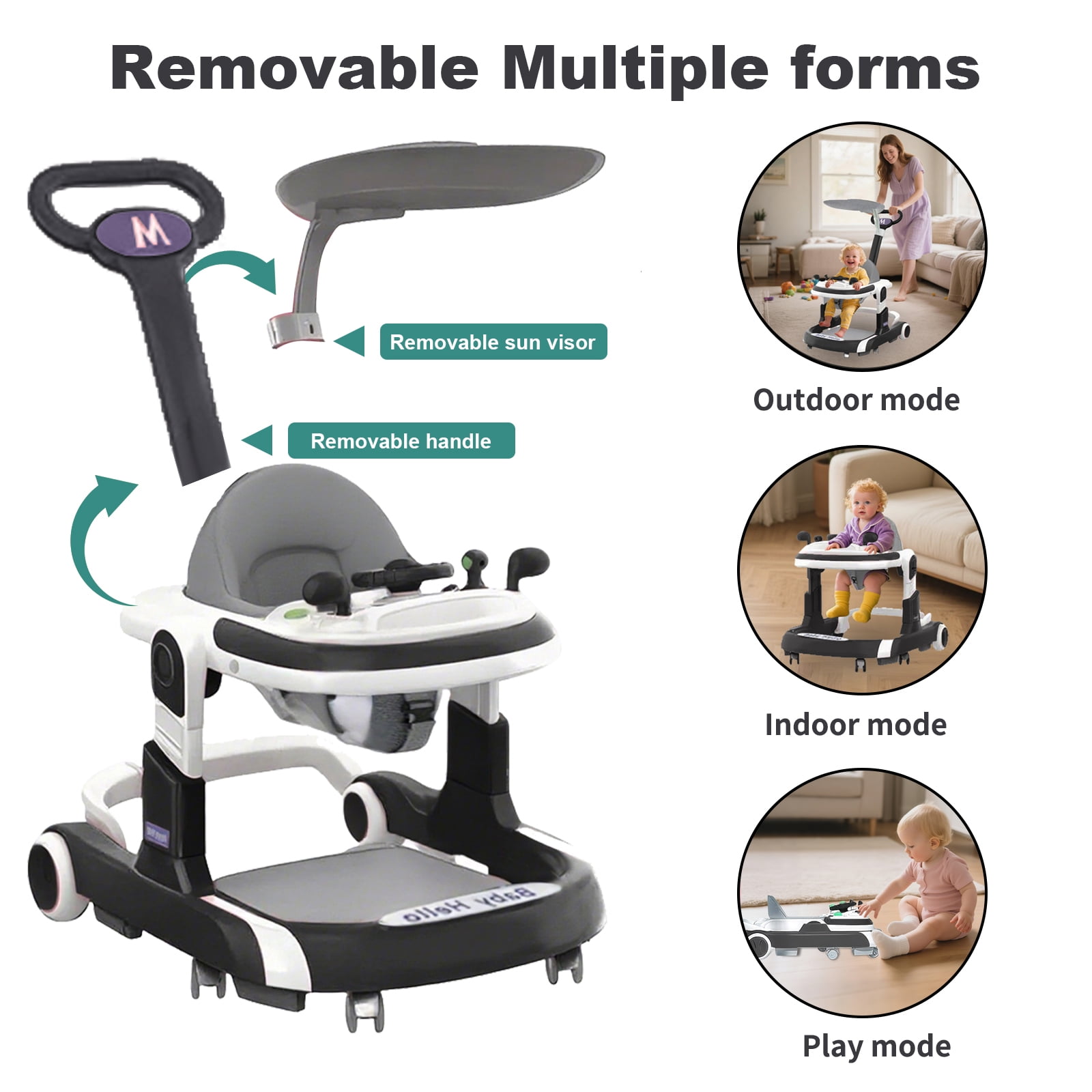 HENG Co. 5-in-1 Foldable Baby Walker with Foot Pads & Handles for Boys and Girls 6-24 Months, Black