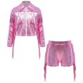 thumbnail image 4 of Doomiva Kids Girls Long Sleeve Shiny Fringe Crop Jacket Top and Metallic Tassel Shorts Sparkly Dance Streetwear Pink 6, 4 of 6
