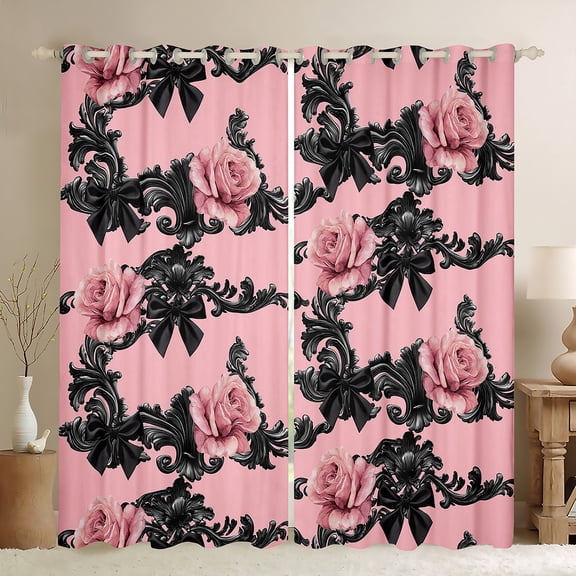 Castle Fairy Pink Floral Rose Black Out Curtains for Children Teens Adults,Kawaii Black Ribbon Bow Curtains Pack of 2 (42x63 Each),Bohemian Damask Bedroom Curtains,Microfiber Bedroom Decor