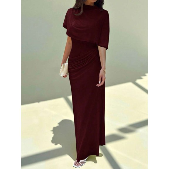 Burgundy Elegant Cowl Neck Ruched Waist Maxi Dress, Minimalist Long Dress For Work Date Vacation