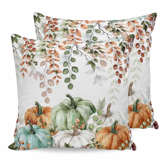 Pillow Covers 24x24 Set of 2, Green Orange Blue Fall Throw Pillow Covers Decorative Couch Cushion Cover, Thanksgiving Pumpkin Botanical Microfiber Soft Square Pillowcases for Bedroom Living Room Sofa