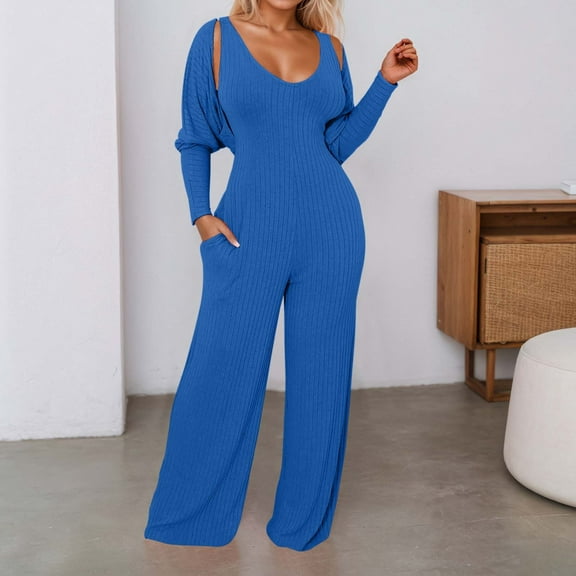 Women's Jumpsuit Long Sleeve Deep V Neck Romper High Stretch Ribbed Jumpsuit Casual Outdoor Wear Overalls for Women Casual Summer