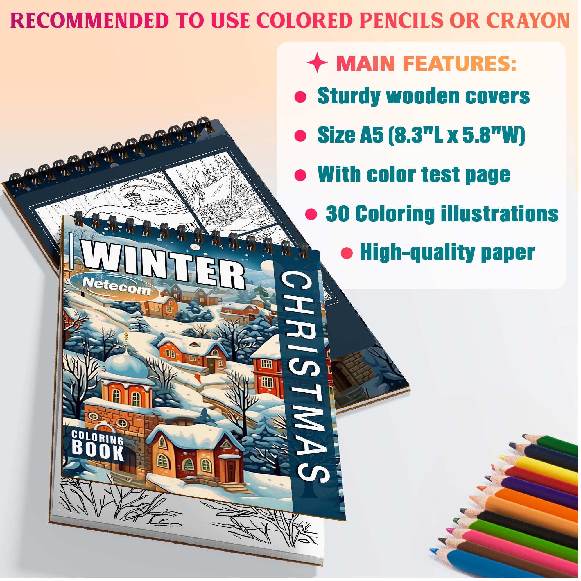 Netecom Christmas Winter Coloring Book Spiral Bound for Adults, A5 Wooden Cover, 30 Stunning Coloring Pages of Winter Landscapes for Stress Relief and Relaxation