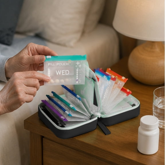 Travel Pill Organizer Pouches, Waterproof 14-Pack Reusable Zipper Bags with Storage Case for Daily Medication, Vitamins & Travel