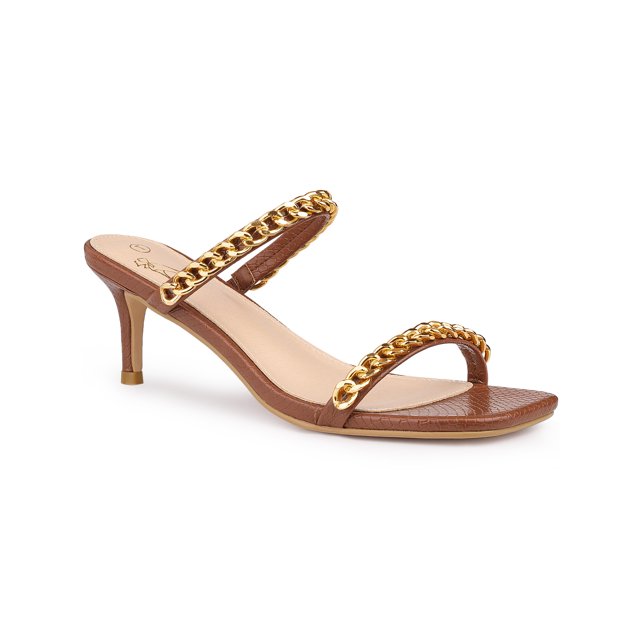 BLISSFUL STEP Sandales à Talons Aiguilles à Bout Carré à Chaîne pour Femmes Brun (Taille 11)