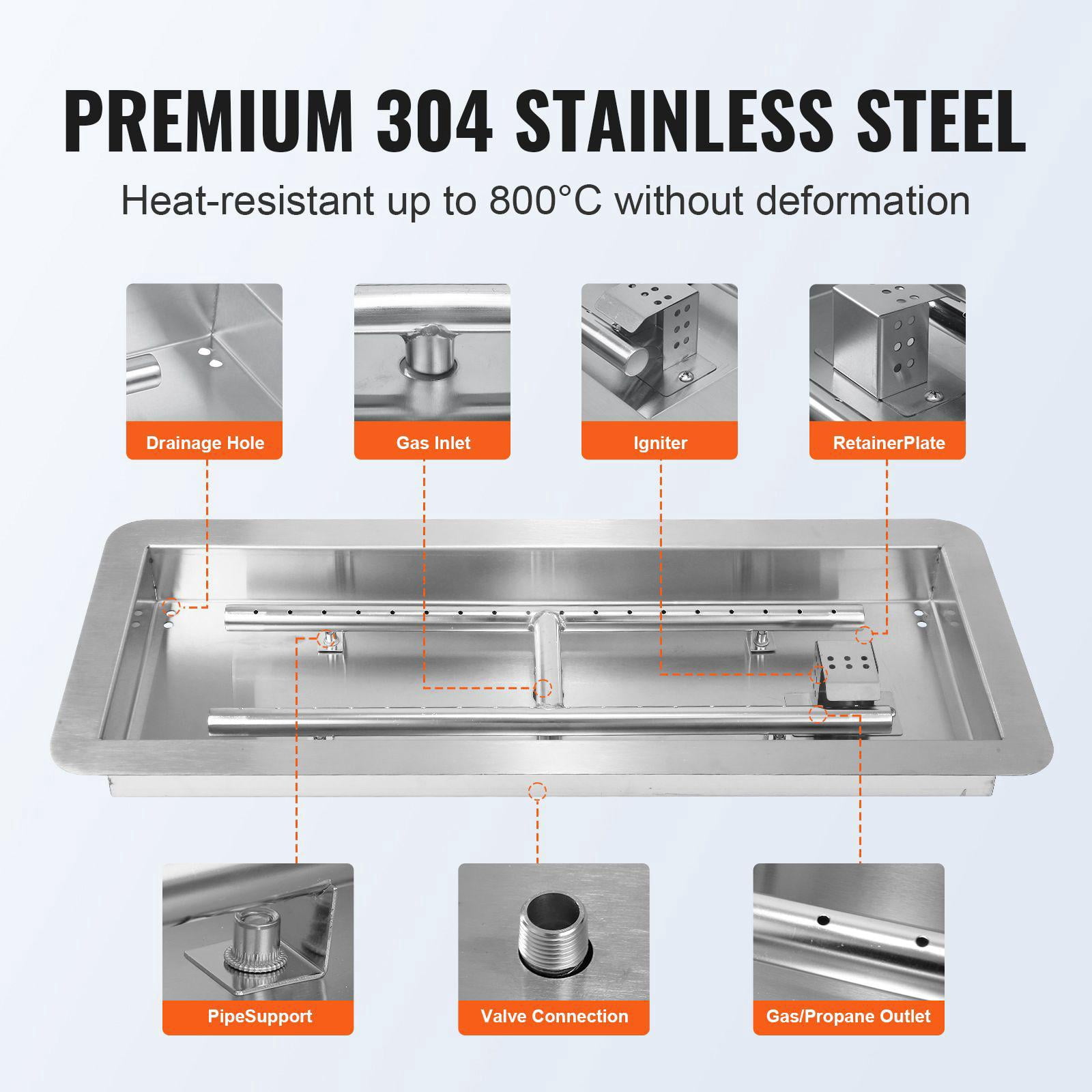 36x12 Inch Stainless Steel Drop in Fire Pit Pan Rectangular H Burner Kit 150000 BTU Natural Propane Gas for Indoor Outdoor Use