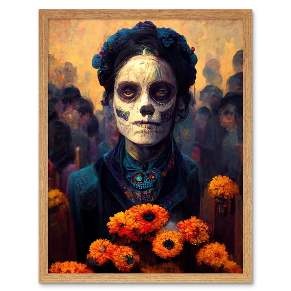 Day Of Dead Skull Marigold Flowers Art Print Framed Poster Wall Decor 12x16 inch