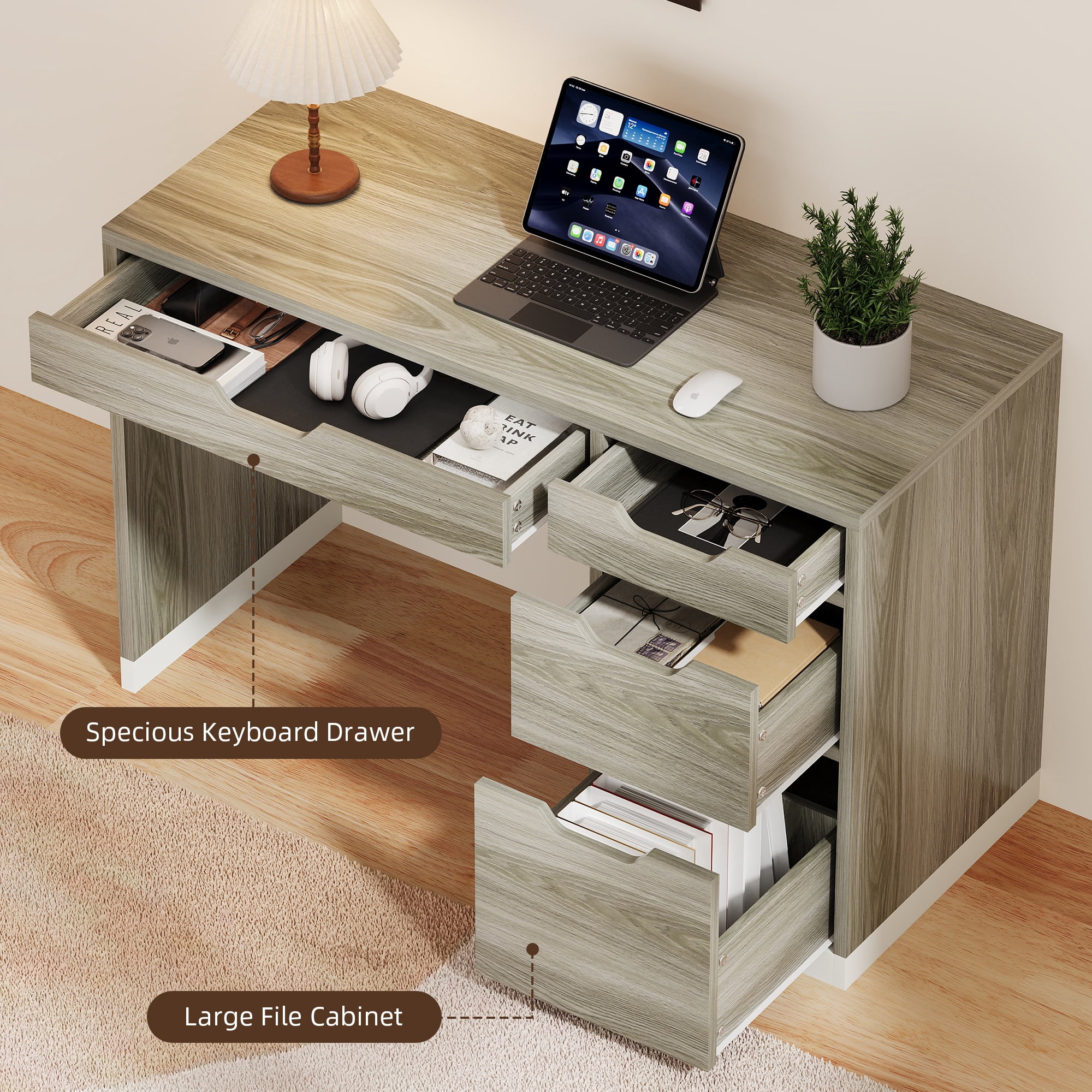 DreamCurship Desk with Drawers, Modern Computer Desk with File Drawers, Home Office Study Writing Desk with Storage, Walnut