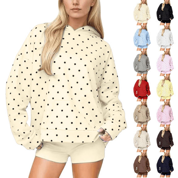 Women Polka Dot Hoodie Oversized Fleece Hooded Sweatshirt Long Sleeve Drop Shoulder Graphic Print Hoodies with Pocket XL