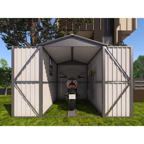 Motorcycle Outdoor Steel Storage Shed With Window, Tracks And Fixtures, Grey