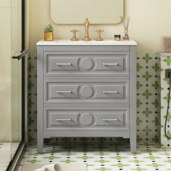 30" Solid Wood Structure Bathroom Vanity with Storage, Modern Minimalist Bathroom Vanity with Ceramic Sink, Freestanding Storage Cabinet for Bathroom Use, Gray