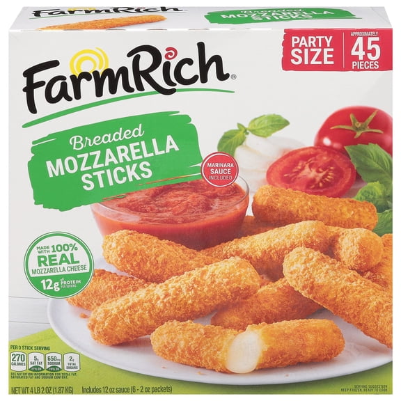Farm Rich Breaded Mozzarella Cheese Sticks, Party Size, 66 oz (Frozen Snacks and Appetizers)