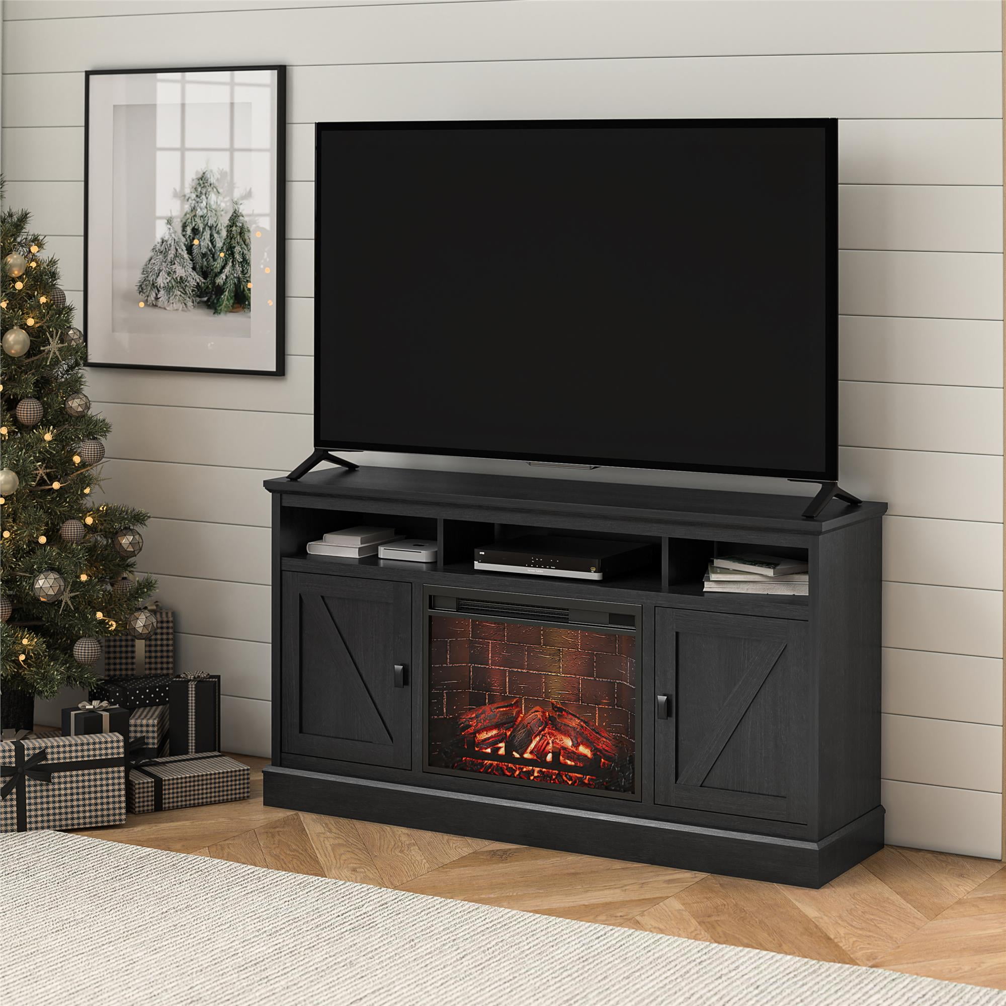 Ashton Lane Electric Fireplace TV Stand with Remote for TVs up to 65in, Black Oak