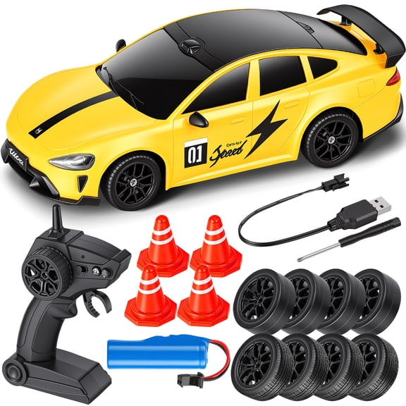 KIVDIT 1:24 4WD RC Drift Car, 2.4GHz 6CH Remote Race Car, Comes with Extra Interchangeable Drift Tires, LED Lights, Racing Cones, Toy Gift for Kids Ages 8-12