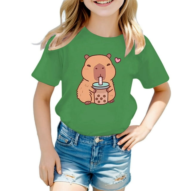 Hiiyo Big Girls Cartoon Animal Print Short Sleeve T Shirt Tee Tops, Green