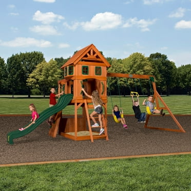 Backyard Discovery Atlantis Cedar Wood Swing Set, Wave Slide, Clubhouse, Rock Wall