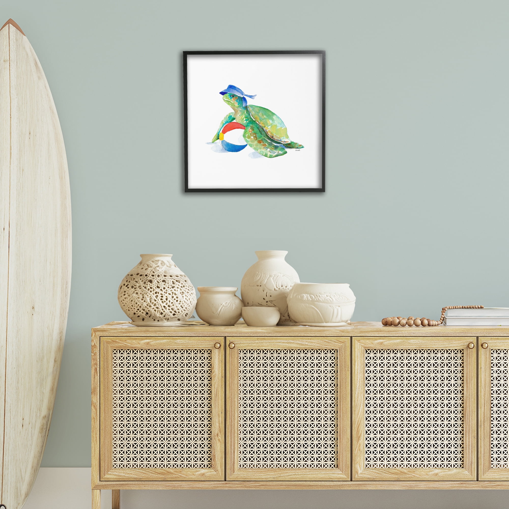 Stupell Industries Turtle & Beach Ball Novelty Painting Black Framed Art Print Wall Art, 24 x 24