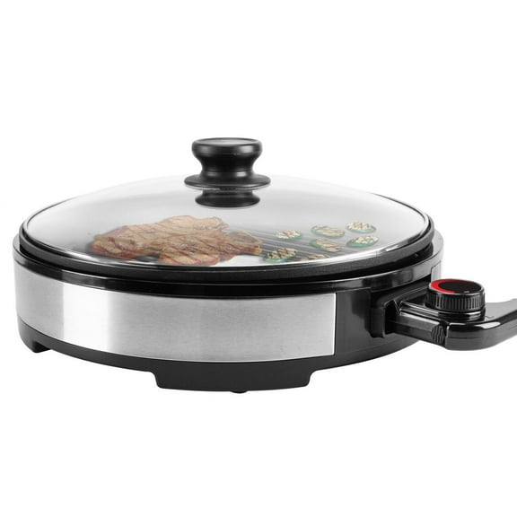 Elite Cuisine 12'' Circular Adjustable Thermostat Stainless Steel Electric BBQ Grill with Glass Lid