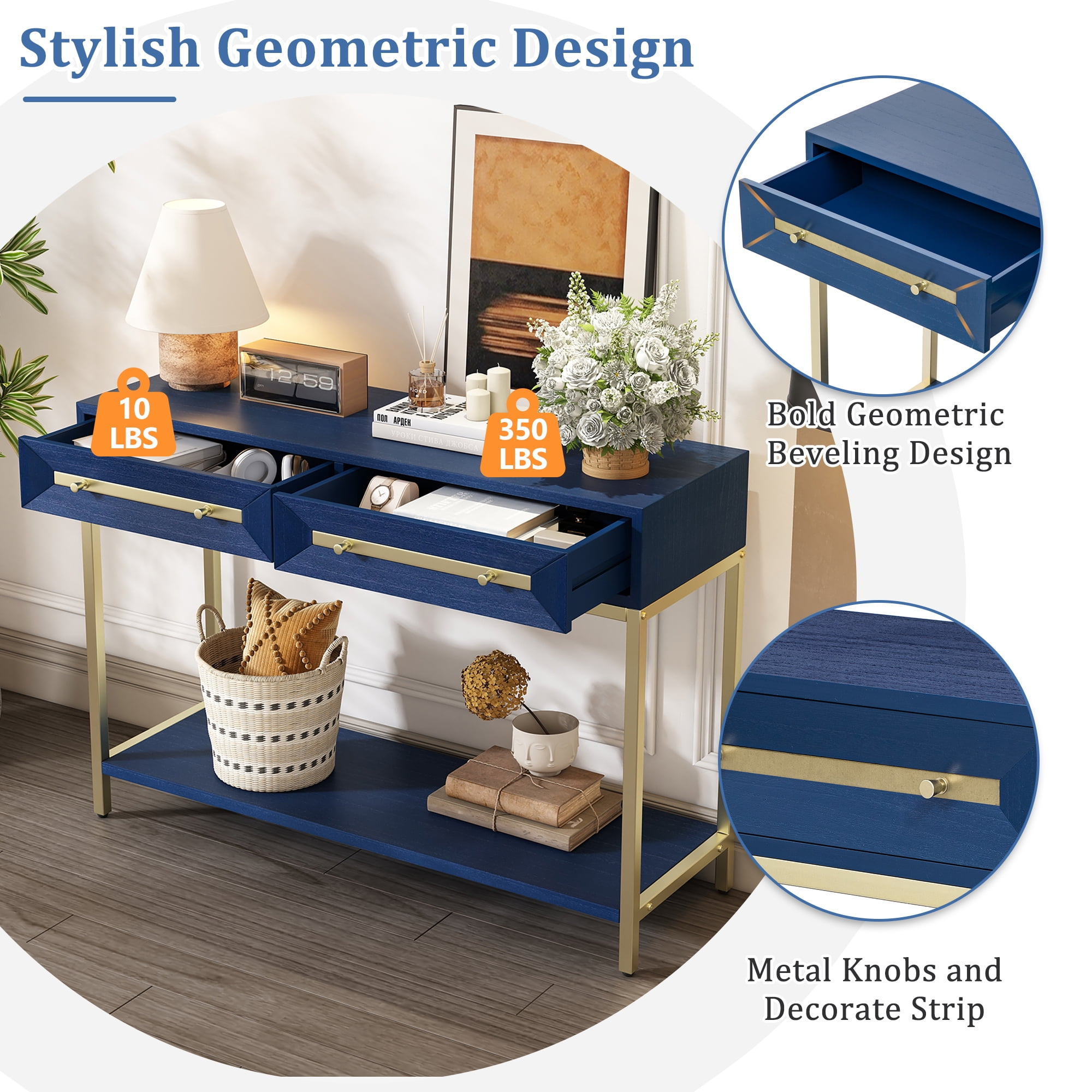 EUROCO 45.5" Console Table,Wood Narrow Entryway Table with 2 Drawers and Open Storage Shelf,Retro Hallway Table Sofa Table for Hallway,Living Room,Navy