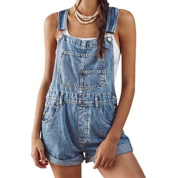 Womens Overalls Shorts Denim Bib Straps Shorts Casual Solid Color Rompers Jumpsuits With Pockets Pants