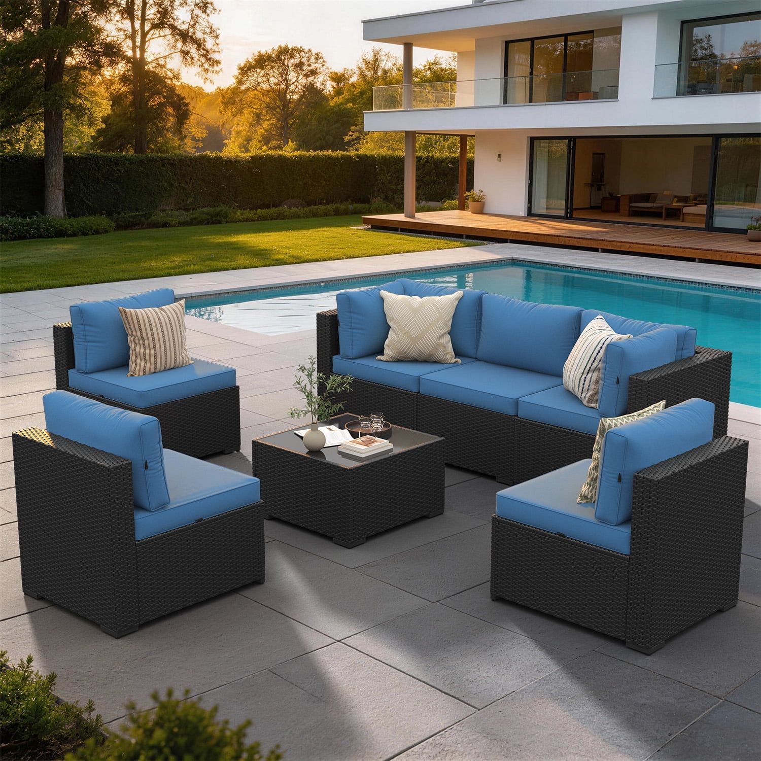 LazySunsets 7 Piece Outdoor Patio Furniture Set, Wicker Rattan Patio Sectional Sofa Set, Peacock Blue