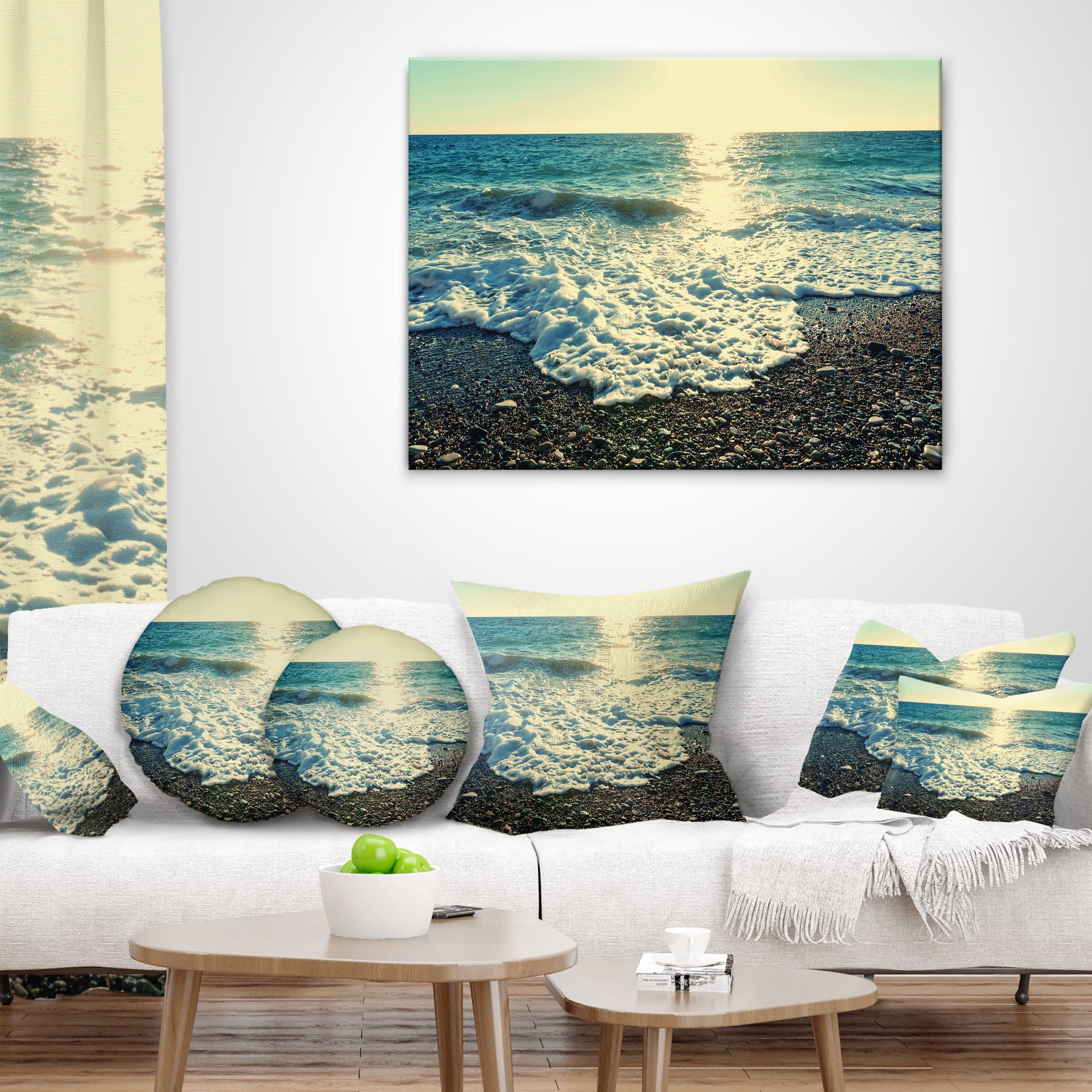 Designart Dramatic Blue Waves on Beach - Seashore Throw Pillow - 12x20