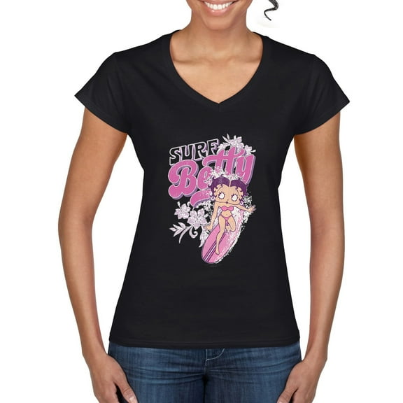 Wild Bobby Shore Surfer Betty Boop Betty Boop Women’s Standard V-Neck Tee, Black, Small