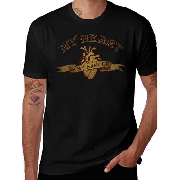 Men's Soft Cotton Crew Neck T Shirt with My Heart Is My Armour Graphic Print & Medieval Knight Heart Design Black Casual Short Sleeve Tee for Casual Attire