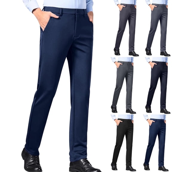 lcziwo Mens Classic Fit Pants with Pockets Casual Straight Leg Flat Front Dress Pants Solid Color Lightweight Comfortable Trousers Navy 40