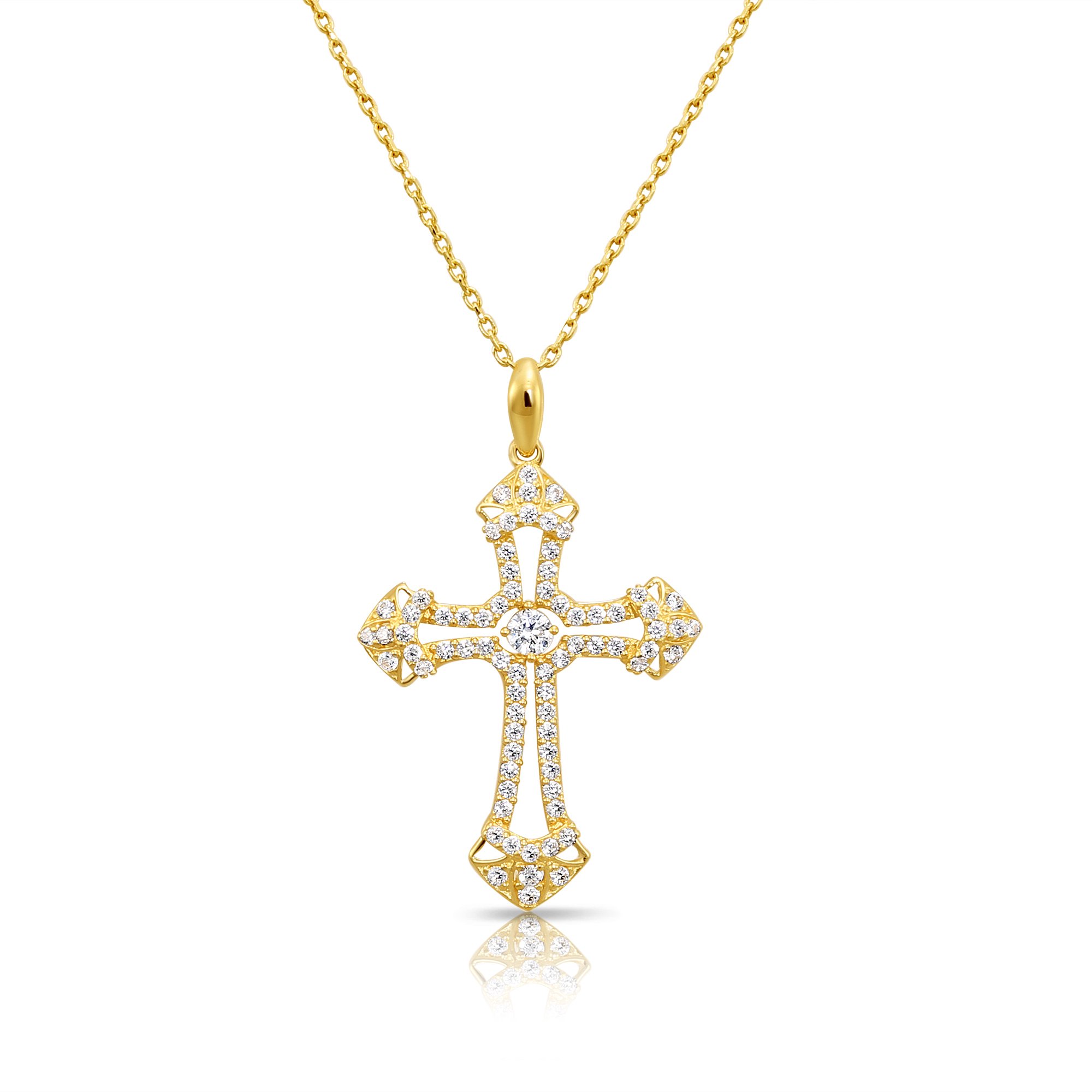 Tilo Jewelry 14K Yellow Gold Gothic Pave Cross Christian Pendant Necklace with Cubic Zirconia CZ Stones for Women & Unisex | 18 Inch Cable Chain