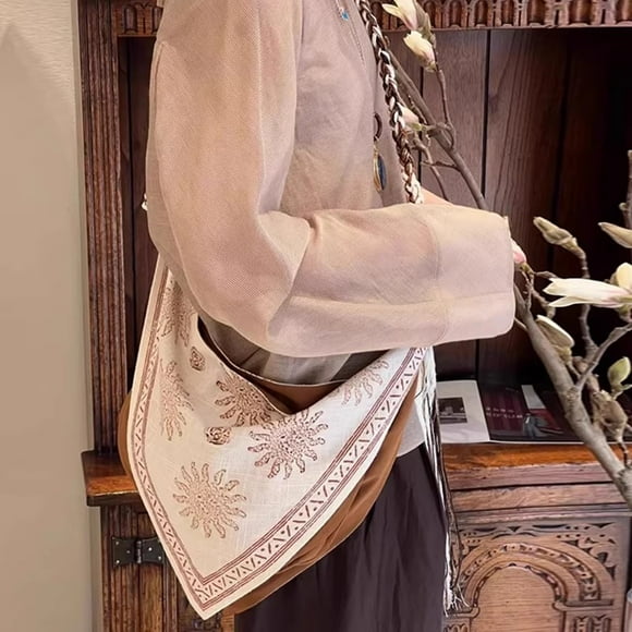 Bolso de mano informal de lino para mujer, estilo étnico bohemio, con borlas y tejido de cuerda. Bolso bandolera de lona, de tendencia.