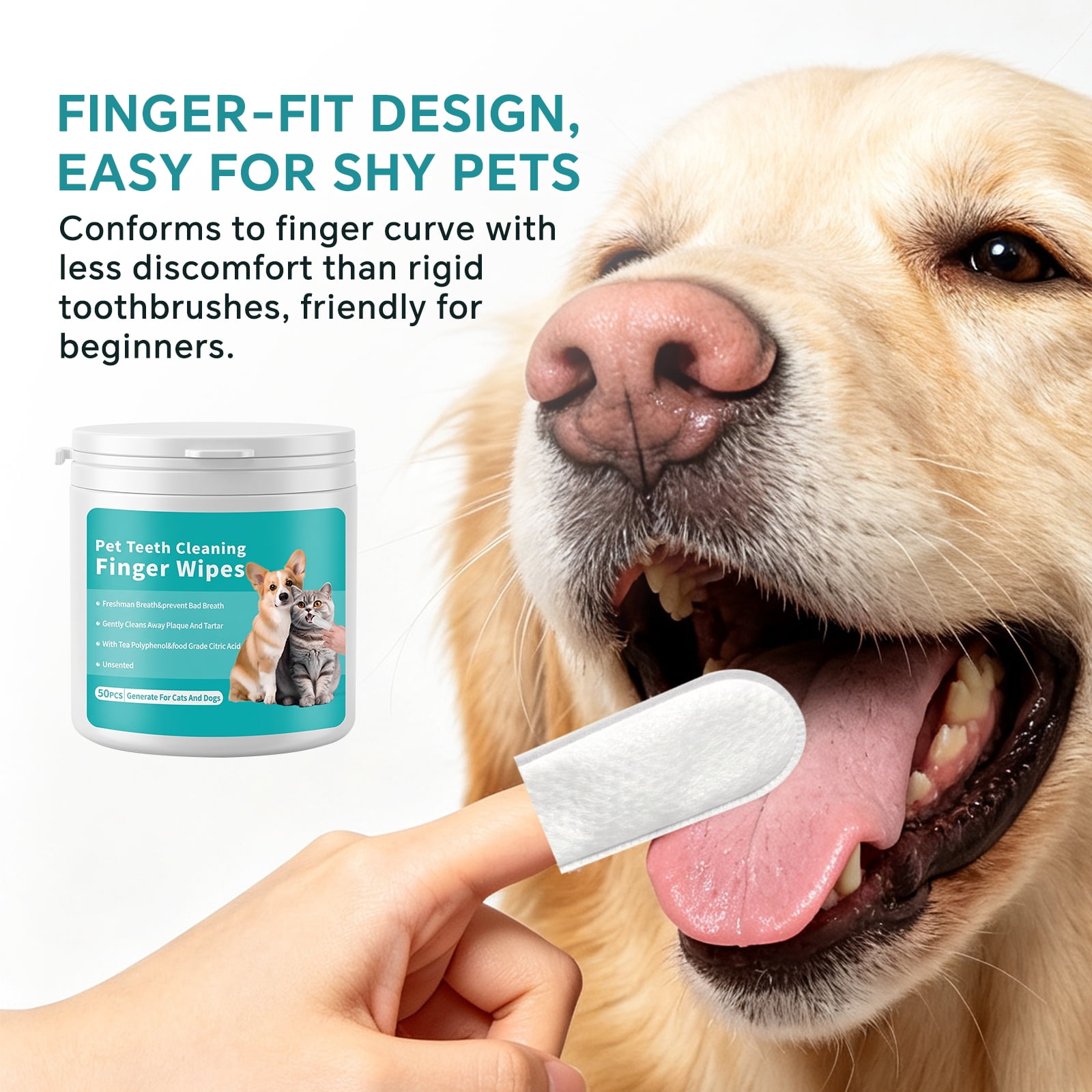100PCS Pet Teeth Cleaning Finger Wipes for Dogs & Cats, Daily Oral Care Dental Wipes Helps Reduce Plaque Tartar & Freshens Breath, Dog Toothbrush Alternative for Puppies, Kittens & All Breeds, 2 Box