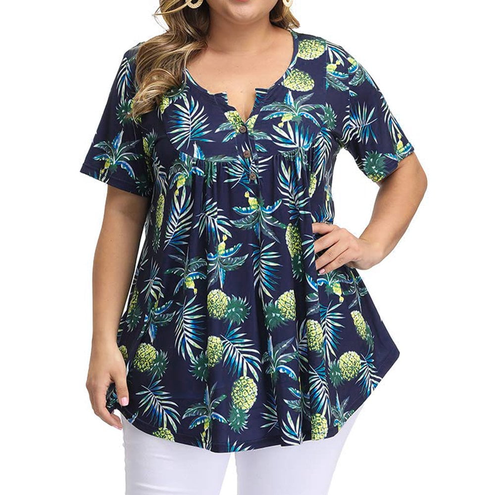 Plus Size Flowy Tunic Tops for Women Short Sleeve Floral Blouses Button