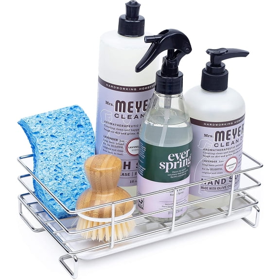 Stainless Steel Kitchen Sink Caddy with Bamboo Brush & Drip Tray – Rust-Resistant Sponge & Soap Holder Organizer for Countertop Dish Brushes and Cleaning Tools