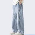 thumbnail image 3 of Men's Casual Distressed Irregular Hole Denim Pants Ripped Frayed Straight Wide Leg Jeans Baggy Pants, 3 of 5