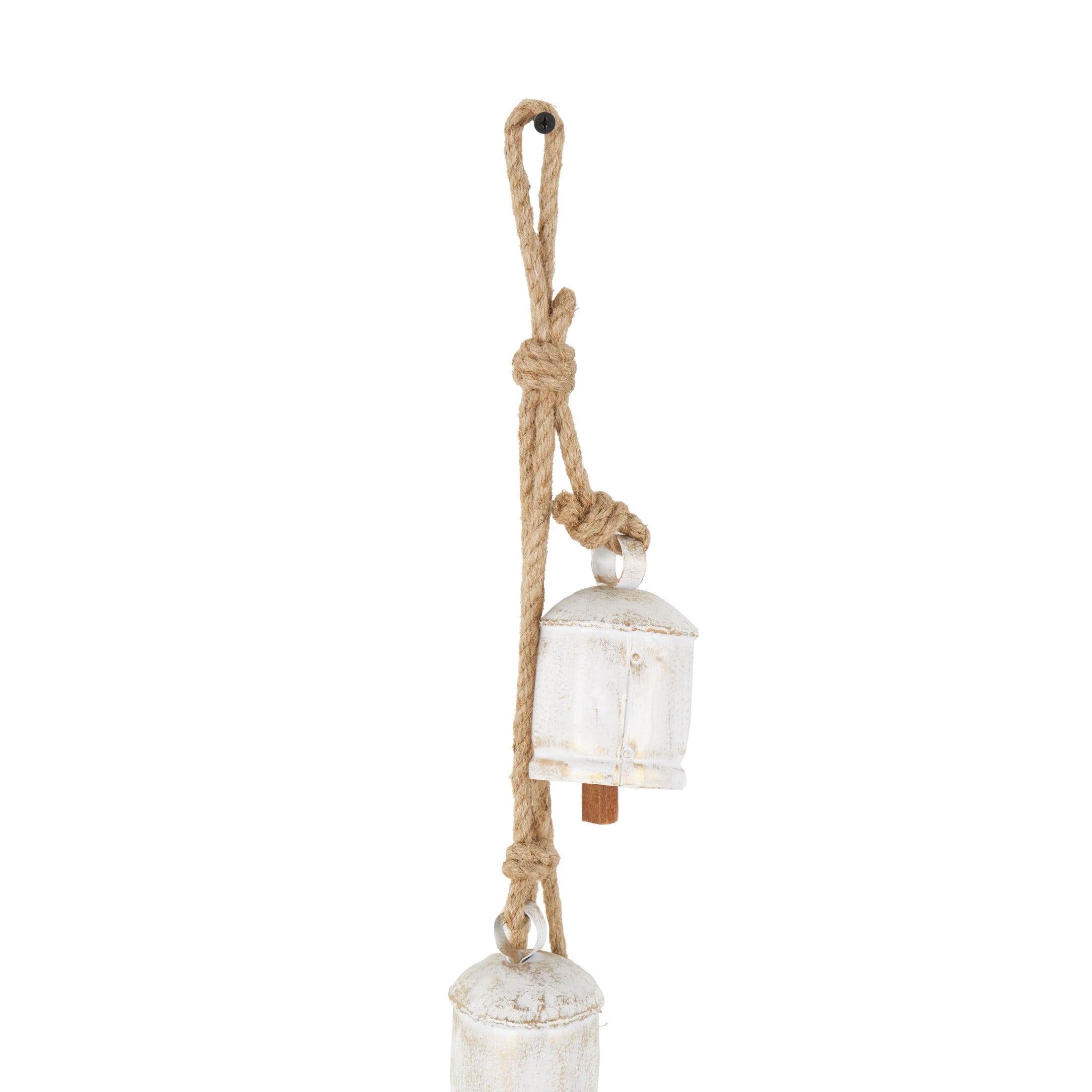 DecMode Tibetan Inspired Cascading White Metal Cylindrical Decorative Bells with 4 Bells on Jute Hanging Rope