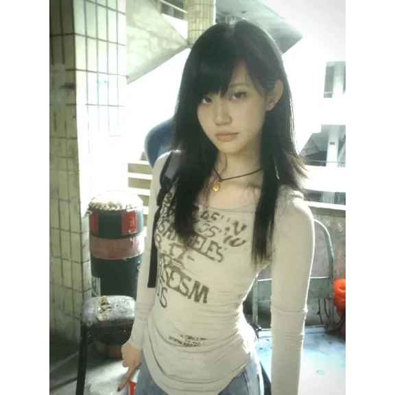 Vintage Harajuku Streetwear American Retro Tees Subculture Japanese Y2k Print T-shirt Women 2000s Gothic Long Sleeve Blouse Tops