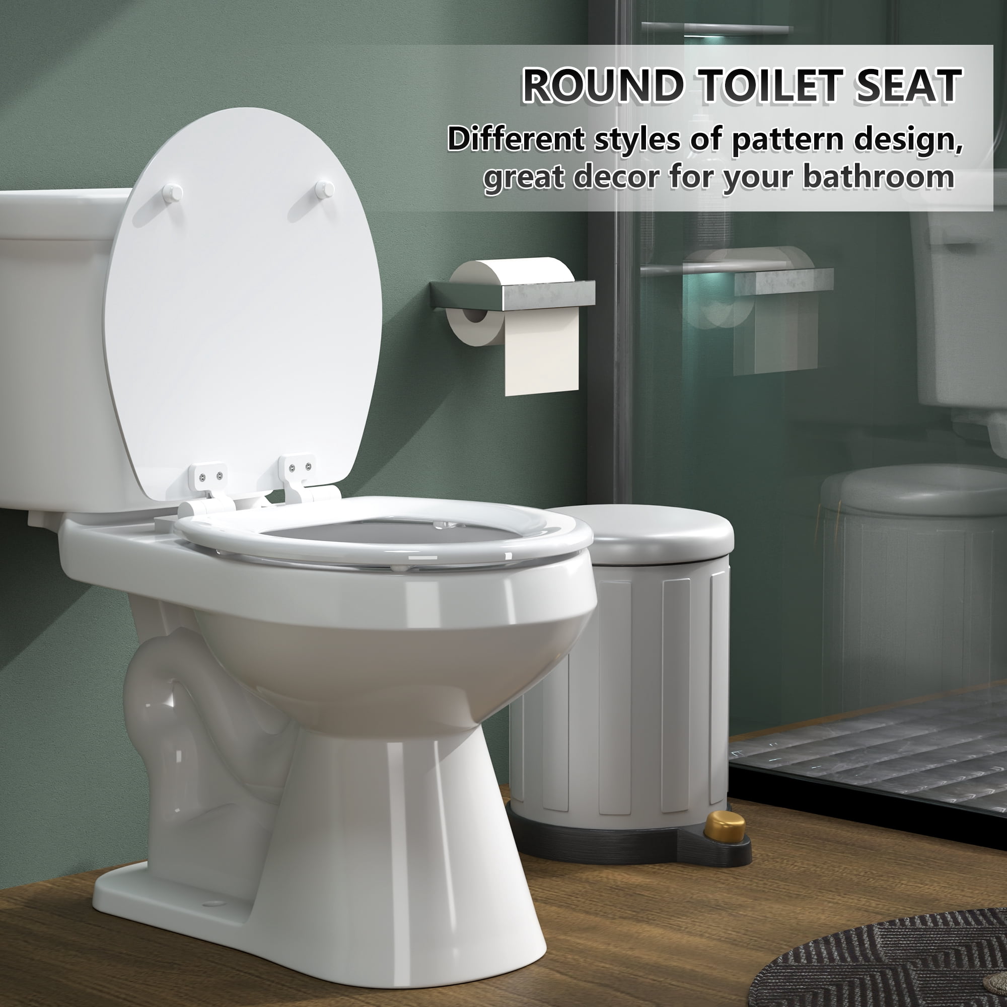 Angol Shiold Wood Toilet Seat with Non-Slip Adjustable Hinges, Quiet-Close ( White, Round 16.5'' )