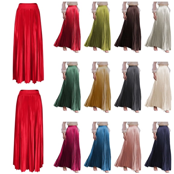 QATAINLAV Pleated Midi Skirts for Women Elastic High Waisted Solid Satin Business Skirt A Line Flowy Swing Long Skirts, Blue, XXL, Gifts for Girls
