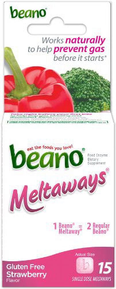 Beano Meltaways, Gas Prevention & Digestive Enzyme Supplement, Strawberry Flavor, 15 Count - 5 Pack