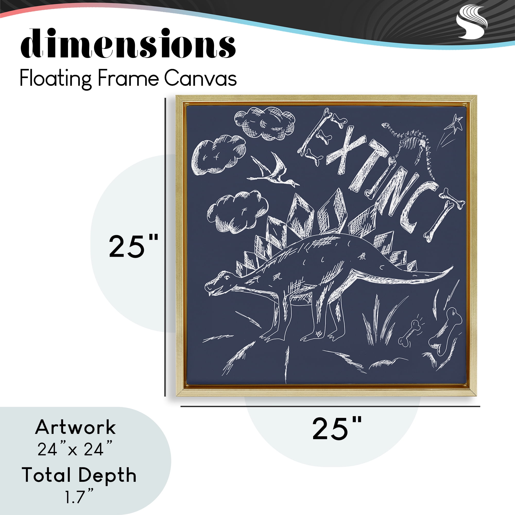 Sketchy Extinct Dinosaur Gold Framed Floater Canvas Wall Art, design by HUE and MI and Sangita