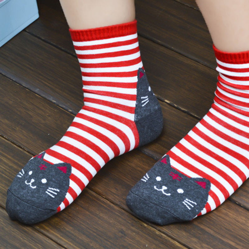 Women Girls Cute Cartoon Cat Footprints Pattern Casual Socks Cotton Tube Socks 
