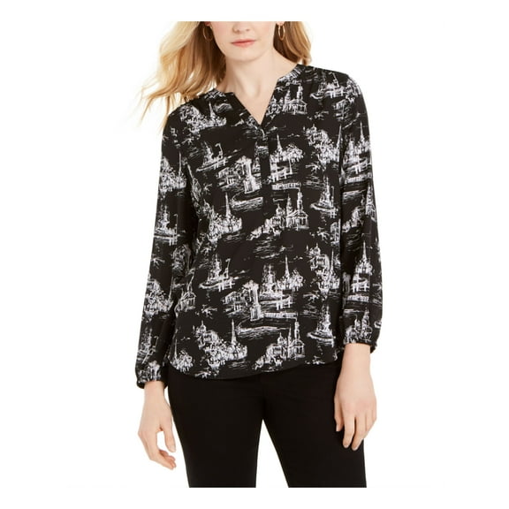 Charter Club Women's Printed Split Neck Top Black Size Medium
