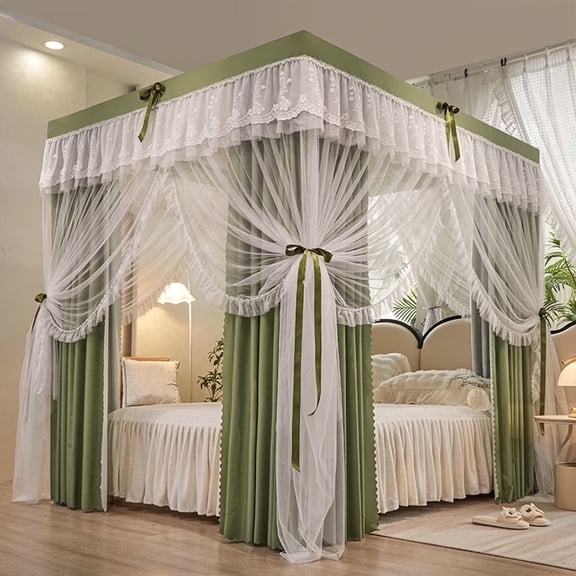 Brythos Solid Color Bed Canopy Curtain for Queen Bed, Double Layer Ruffle Princess Mosquito Net with 4 Openings, Sage