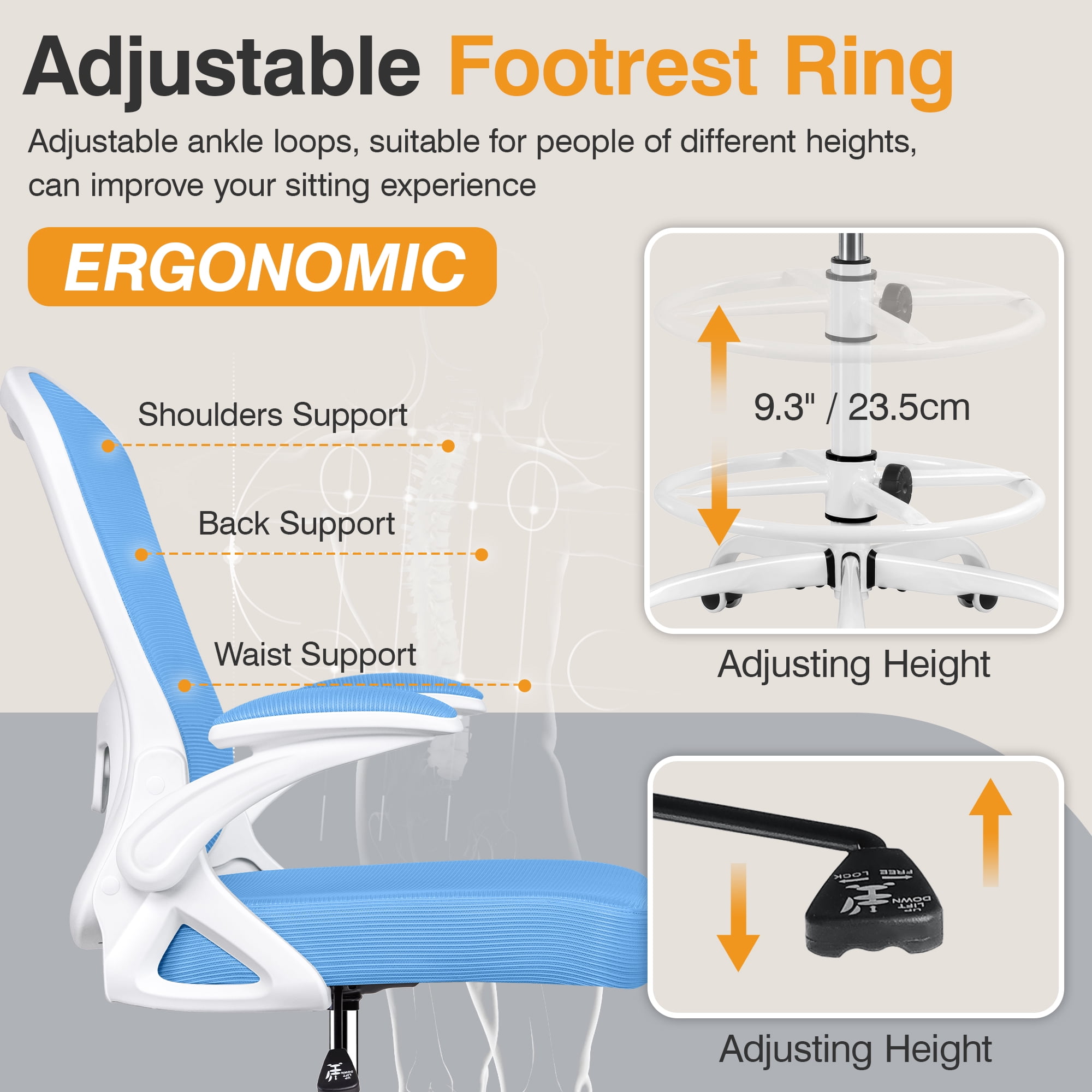 ATHOPE Ergonomic Office Chair, Mesh Desk Chair with Lumbar Support, Tall Office Chair with Flip-Up Armrests and Footrest Ring, Adjustable Computer Chair for Standing Desk Home Office, Blue