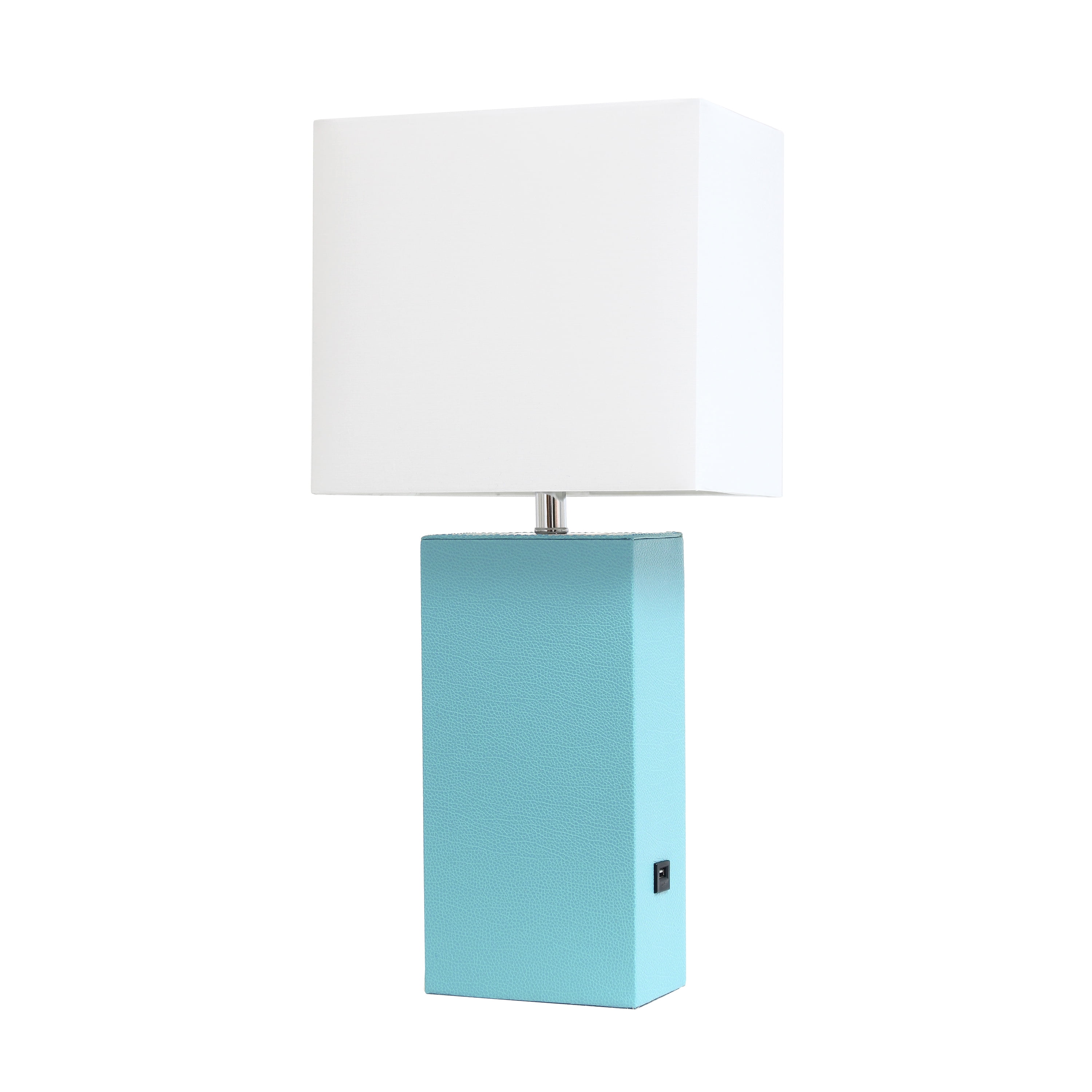 Elegant Designs Modern Leather Table Lamp with USB and White Fabric Shade, Aqua